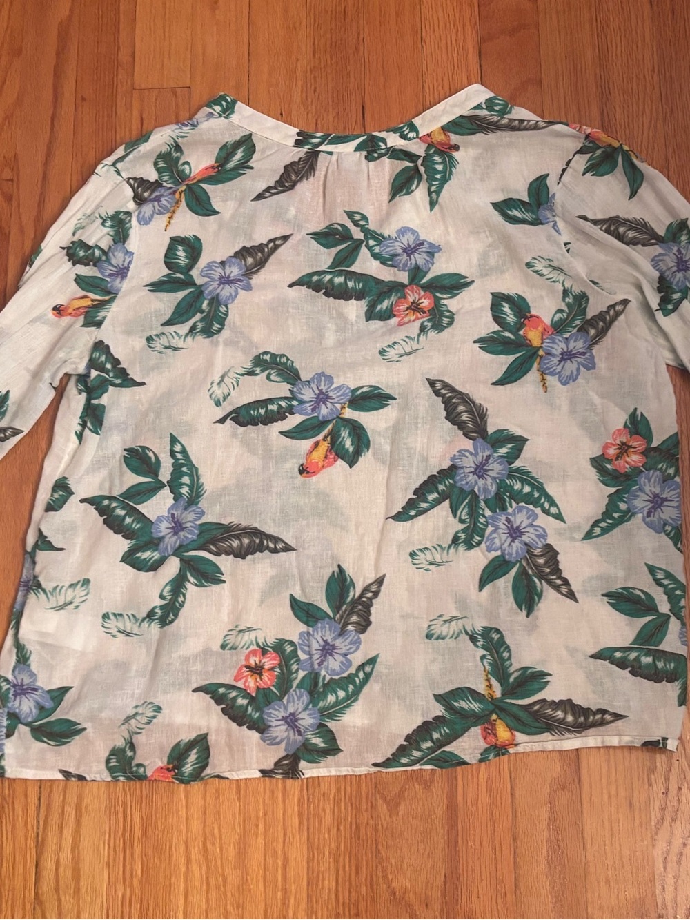 Old Navy Linen Blend Tropical Floral Print Blouse Tie Sleeve Size Large Top - Picture 5 of 9